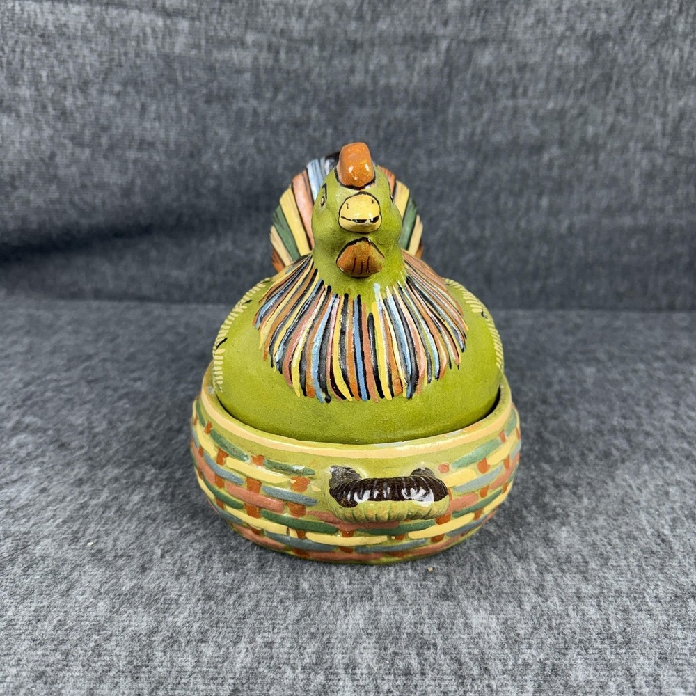 Vintage Mexican Multicolor Ceramic Hen Chicken Nest Dish Terracotta‎ Folk Art